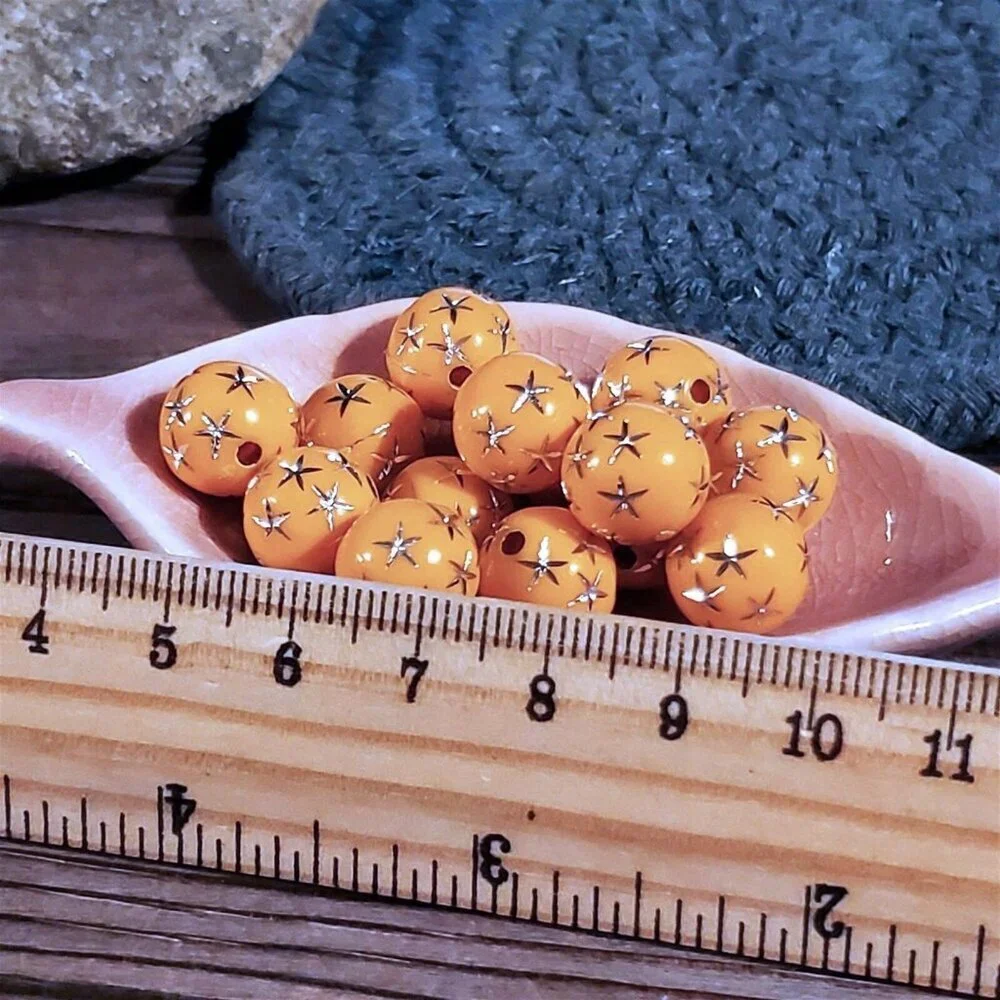 Vintage Retro Orange Silver Stars 12mm Round Acrylic Shabby Chic Beads 10 pcs